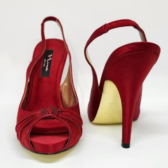 Nina Women's Red Peep Toe High-Heel W/Black Rhinestones Size 7.5 & 8.5 - Picture 3 of 13